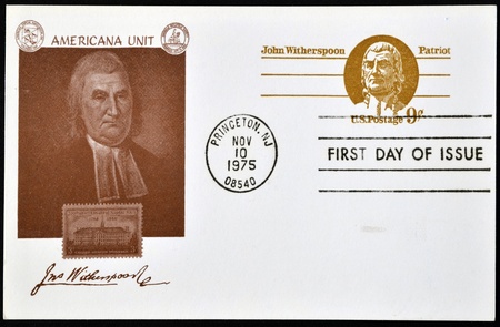 UNITED STATES OF AMERICA - CIRCA 1975: A stamp printed in 1975 shows John Witherspoon, circa 1975のeditorial素材