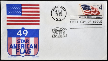 USA - CIRCA 1959: Independence commemorative stamp flaming the United States flag, circa 1959 のeditorial素材