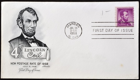 UNITED STATES OF AMERICA - CIRCA 1958: A stamp printed in USA, showing president Abraham Lincoln,...