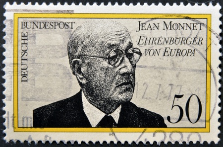 GERMANY- CIRCA 1977  stamp printed in Germany shows Jean Monnet, French proponent of unification of Europe, circa 1977  のeditorial素材