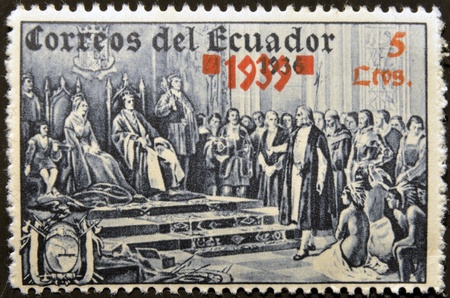 ECUADOR - CIRCA 1936: A stamp printed inEcuador shows Christopher Columbus at the court of the Catholic Kings, circa 1936 のeditorial素材