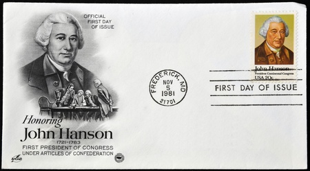 UNITED STATES - CIRCA 1981: A postcard printed in USA shows John Hanson, circa 1981 のeditorial素材