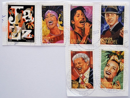 UNITED STATES OF AMERICA - CIRCA 2011: set of 6 stamps dedicated to Latin Jazz, shows Celia Cruz, Selena, Carlos Gardel, Tito Puente and Carmen Miranda, circa 2011のeditorial素材