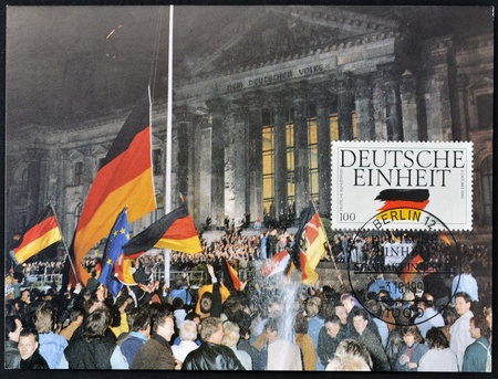 GERMANY - CIRCA 1990  A postcard printed in Germany dedicated to German Reunification, circa 1990 のeditorial素材