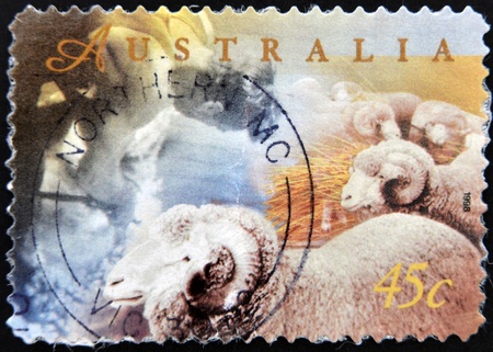 AUSTRALIA - CIRCA 1998: A stamp printed in Australia shows flock of sheep, circa 1998 の写真素材