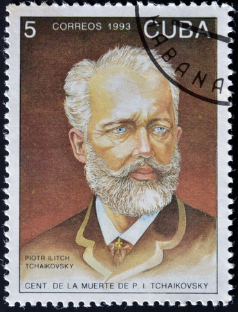CUBA - CIRCA 1993  A stamp printed in Cuba shows russian musician Petr Tchaikovsky, circa 1993のeditorial素材