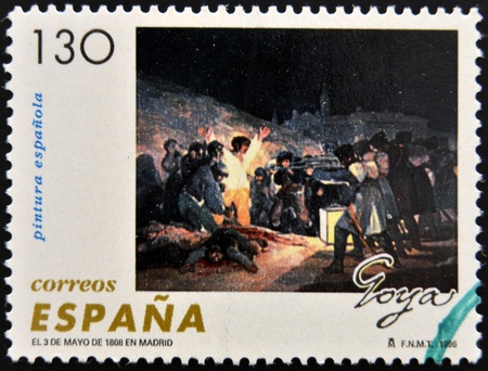SPAIN - CIRCA 1996: A stamp printed in Spain shows "The shooting of the rebels on a night of May 3, 1808" by Francisco Goya, circa 1996のeditorial素材