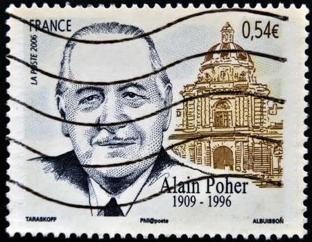 FRANCE - CIRCA 2006: stamp printed in France shows Alain Poher, politician and Senate building, circa 2006 のeditorial素材