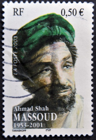 FRANCE - CIRCA 2003: A stamp printed in France shows ahmad shah massoud, circa 2003のeditorial素材
