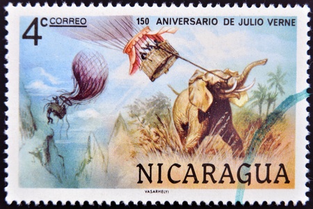 NICARAGUA - CIRCA 1978  A stamp printed in Nicaragua dedicated to 150 years anniversary of Jules Verne circa 1978 の写真素材
