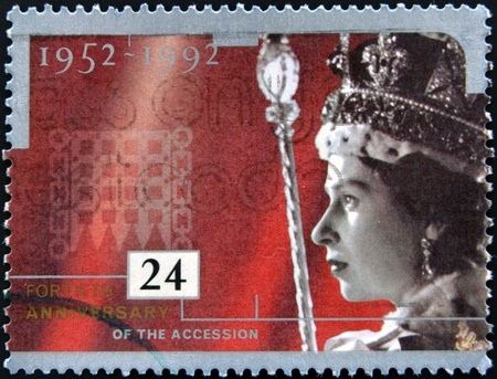 UNITED KINGDOM - CIRCA 1992  A stamp printed in England, is dedicated to the 40th anniversary of accession to the throne, shows Queen Elizabeth II, circa 1992 のeditorial素材