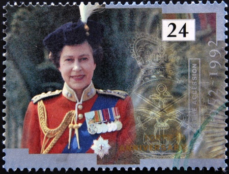 UNITED KINGDOM - CIRCA 1992  A stamp printed in England, is dedicated to the 40th anniversary of accession to the throne, shows Queen Elizabeth II, circa 1992 のeditorial素材