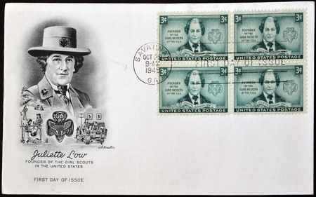 UNITED STATES OF AMERICA - CIRCA 1948  A postcard printed in USA shows Juliette Gordon Low, Founder of the Girls Scouts of the USA, circa 1948 のeditorial素材