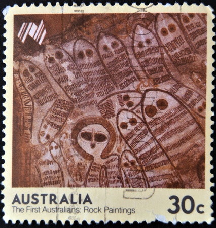 AUSTRALIA - CIRCA 1984: A stamp printed in Australia shows the first australians: Rock paintings, circa 1984の写真素材
