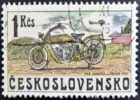CZECHOSLOVAKIA - CIRCA 1975: A stamp printed in Czechoslovakia shows vintage Motorcycle Itar Janatka, circa 1975 の写真素材