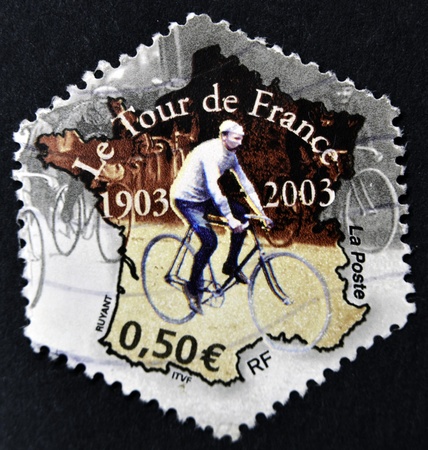 FRANCE - CIRCA 2003: A stamp printed in France dedicated to the Tour of France, circa 2003のeditorial素材
