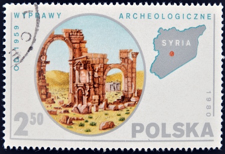 POLAND - CIRCA 1980: A stamp printed in Poland shows Expedition to Syria, circa 1980の写真素材