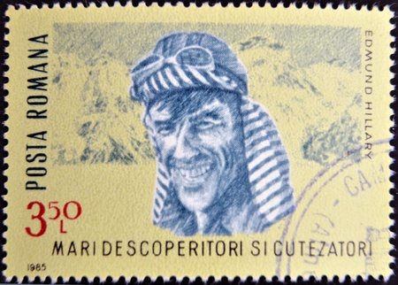 ROMANIA - CIRCA 1985: A stamp printed in romania shows Edmund Hillary, circa 1985のeditorial素材
