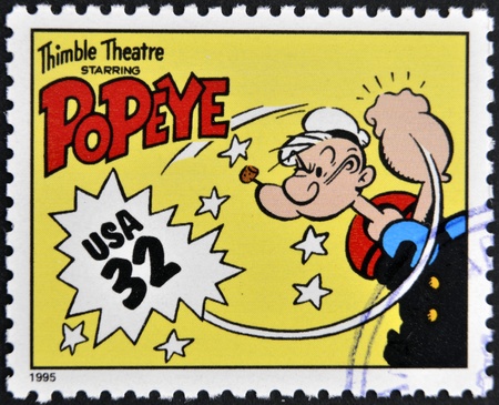 UNITED STATES OF AMERICA - CIRCA 1995: A stamp printed in USA dedicated to comic strip classics, shows Popeye, circa 1995 のeditorial素材