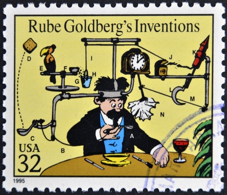 UNITED STATES OF AMERICA - CIRCA 1995: A stamp printed in USA dedicated to comic strip classics, shows Rube Goldbergs Inventions, circa 1995 のeditorial素材