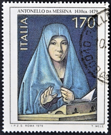 ITALY - CIRCA 1979 A stamp printed in Italy shows a paintg by Antonello da Messina, circa 1979 の写真素材