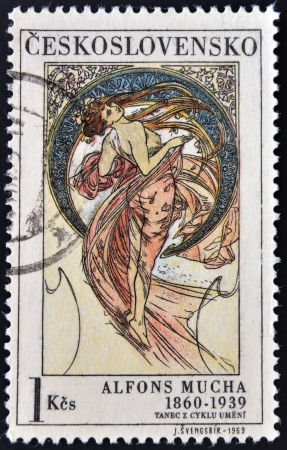 CZECHOSLOVAKIA - CIRCA 1969: A stamp printed in Czechoslovakia shows women allegory "Dance" paintings by Alfons Mucha, circa 1969 の写真素材