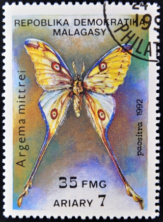 MADAGASCAR - CIRCA 1992  A stamp printed in Madagascas dedicated to butterfly shows argema mittrei, circa 1992のeditorial素材