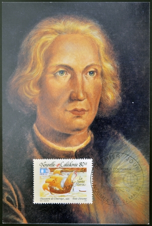 FRANCE - CIRCA 1992: A stamp printed in New Caledonia dedicated to discovery of America, shows the ship the Santa Maria and the portrait of Christopher Columbus, circa 1992のeditorial素材