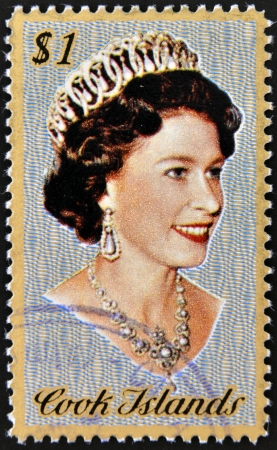COOK ISLANDS - CIRCA 1974   Stamp printed in Cook Islands shows Portrait of Queen Elizabeth II, circa 1974のeditorial素材