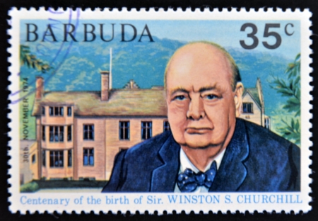 BARBUDA - CIRCA 1974: A stamp printed in Barbuda dedicated to centenary of the birth of Sir. Winston S. Churchill, circa 1974のeditorial素材