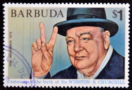 BARBUDA - CIRCA 1974: A stamp printed in Barbuda dedicated to centenary of the birth of Sir. Winston S. Churchill, circa 1974のeditorial素材