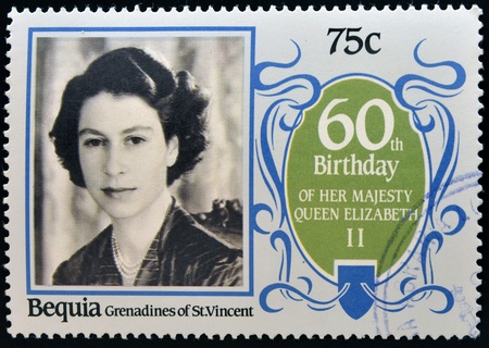 BEQUIA - CIRCA 1986: A stamp printed in Grenadines of St. Vincent celebrating 60th birthday of her majesty Queen Elizabeth II, circa 1986のeditorial素材