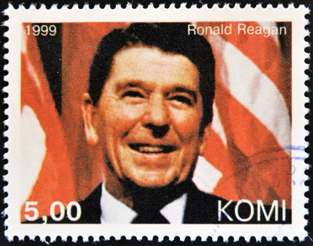 KOMI - CIRCA 1999: A stamp printed in  Komi shows Ronald Reagan, circa 1999 のeditorial素材