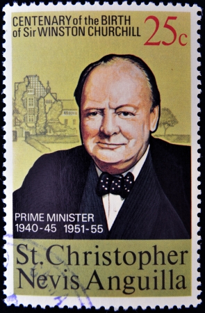 ST CHRISTOPHER NEVIS ANGUILLA - CIRCA 1974: A stamp printed in St Christopher Nevis & Anguilla shows a portrait of Winston Churchill Prime Minister 1940-45 and 1951-55 , stamp commemorating the centenary of his birth, circa 1974のeditorial素材