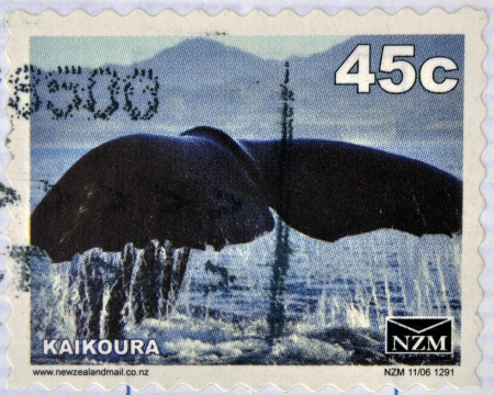 NEW ZEALAND - CIRCA 1988: A stamp printed in New Zealand shows The tail of a whale at Kaikoura,...