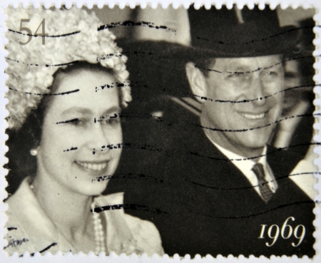 UNITED KINGDOM- CIRCA 2007: A stamp printed in Great Britain shows Queen Elizabeth II and Duke of...