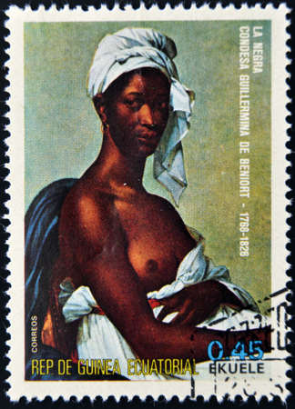 EQUATORIAL GUINEA - CIRCA 1974: A stamp printed in Guinea dedicated to the female nude in art history shows the black woman by the Countess Wilhelmina of Beniort, circa 1974 のeditorial素材