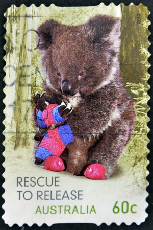 AUSTRALIA - CIRCA 2010: A stamp printed in Australia shows a koala rescued, circa 2010のeditorial素材