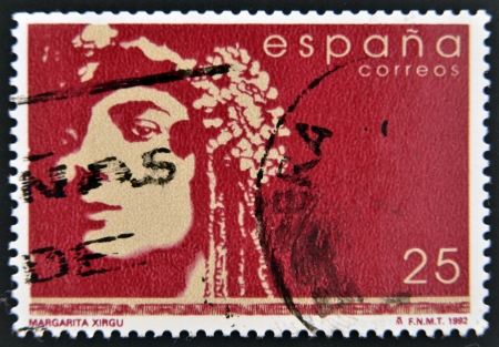 SPAIN - CIRCA 1992  A stamp printed in Spain shows Margarita Xirgu, circa 1992のeditorial素材