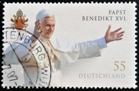 GERMANY - CIRCA 2007: A stamp printed in Germany shows Pope Benedict XVI, circa 2007 のeditorial素材
