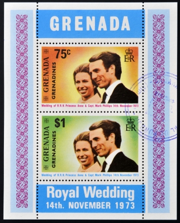 GRENADA - CIRCA 1973  Stamp printed in Grenada shows royal wedding of Pricess Anna and Captain  Mark Phillips, circa 1973 のeditorial素材