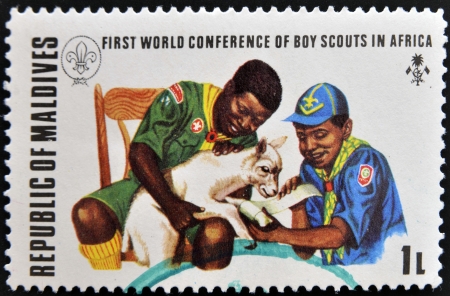 MALDIVE ISLANDS - CIRCA 1973  stamp printed in Malldive Islands, shows Scouts Treating Injured Lamb, circa 1973 のeditorial素材