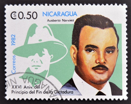 NICARAGUA - CIRCA 1982  A stamp printed in Nicaragua shows Ausberto Narvaez, circa 1982のeditorial素材