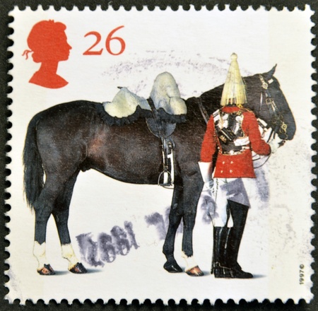 UNITED KINGDOM - CIRCA 1997: A stamp printed in Great Britain shows Lifeguards Horse and Trooper, circa 1997の写真素材