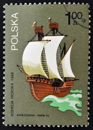 POLAND - CIRCA 1974: A stamp printed in the Poland shows image the ship, circa 1974 の写真素材