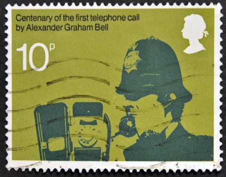 UNITED KINGDOM - CIRCA 1976  A stamp printed in Great Britain dedicated to Centenary of first telephone call by Alexander Graham Bell, Mar  10, 1876, circa 1976 のeditorial素材