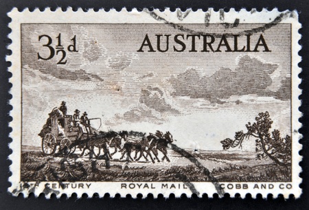 AUSTRALIA - CIRCA 1955: A stamp printed in Australia, dedicated to Pioneers of Australia's coaching era, shows Cobb and Company Mail Coach, circa 1955 のeditorial素材
