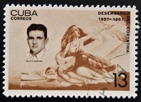 CUBA - CIRCA 1967: A stamp printed in cuba dedicated to Corynthia landing, shows  Calixto Sanchez, circa 1967のeditorial素材