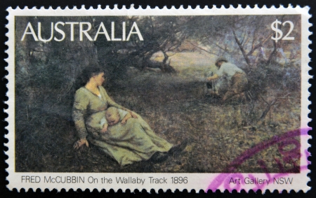 AUSTRALIA - CIRCA 1986  A stamp printed in Australia shows a painting by the artist Fred McCubbin  On the Wallaby Track , circa 1986 のeditorial素材