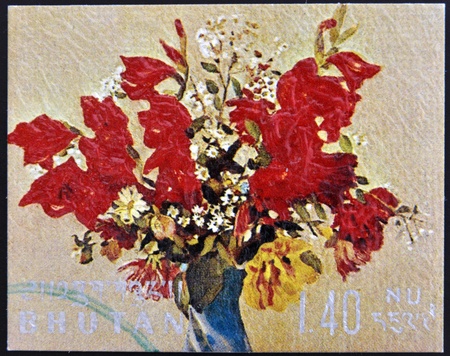 BHUTAN - CIRCA 1980  A stamp printed in Bhutan shows Vase with flowers, circa 1980 のeditorial素材